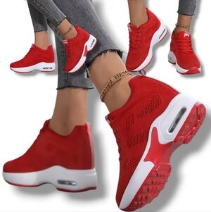 Red and White Sneakers With Air Cushioning Wedged Heel